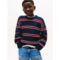 Tommy Hilfiger Boys Half Cardigan Crew Neck Sweater - Navy Stripe