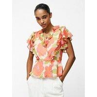 French Connection Floral Print Ruffle Wrap Over Crinkle Blouse - Orange