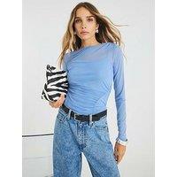 River Island Long Sleeve Ruched Mesh Top - Blue