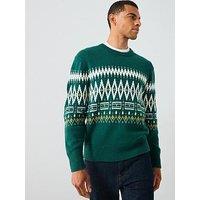 Tommy Hilfiger Placed Fairisle Wool Blend Crew Knitted Jumper - Dark Green