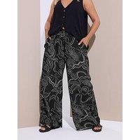 Yours Curve Shell Print Wide Leg Trouser - Black