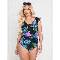 Yours Curve Tropical Frill Swimsuit - Black