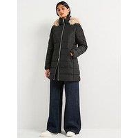 Tommy Hilfiger Mid Length Slim Puffer Coat With Fur Hood - Black