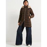 Tommy Hilfiger Mid Length Puffer Slim Coat With Fur Hood - Brown