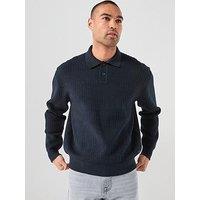 Boss Kotorpolo Ribbed 1/4 Button Knitted Jumper - Navy