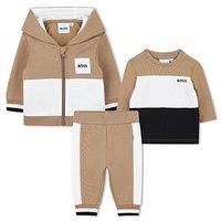 Boss Newborn Baby Boys 3 Piece Colour Block Tracksuit Set - Beige