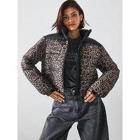 Tommy Jeans Cropped Leopard Puffer Coat - Brown