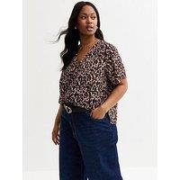 New Look Curves Leopard Print Button Up Top - Brown
