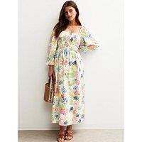 New Look Cream Floral Print Shirred Midi Dress