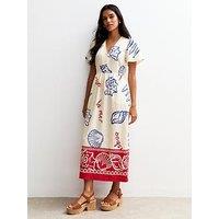 New Look Off White Shell Print Flutter Sleeve Button Midi Dress - Cream