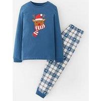The Very Collection Boys Festive Boucle Reindeer And Woven Bottom Pyjama Set - Blue