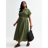New Look Curves Shirred Waist Midi Shirt Dress - Dark Khaki