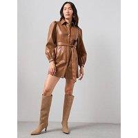 The Very Collection Pu Belted Mini Shirt Dress - Toffee