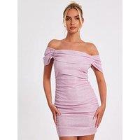 Quiz Pink Glitter Ruched Bardot Mini Dress