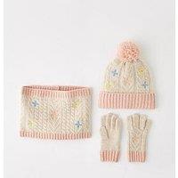 The Very Collection Kids Embroidered Flower Hat, Snood And Gloves Set 3 Piece - Cream
