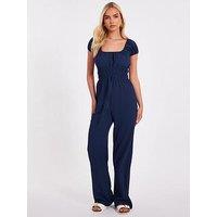 Quiz Navy Textured Puff Sleeve Jumpsuit