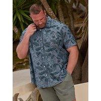 Badrhino Chambray Tonal Leaf Print Short Sleeve Shirt - Blue