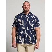 Badrhino Leaf Print Short Sleeve Linen Shirt - Blue