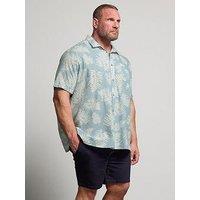 Badrhino Leaf Print Short Sleeve Linen Shirt - Blue