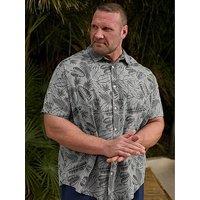 Badrhino Chambray Tonal Leaf Print Short Sleeve Shirt - Grey