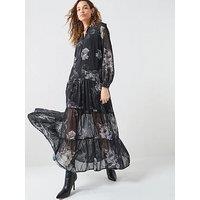 Religion Cala Tiered Boho Maxi Dress In Dark Floral Print - Black