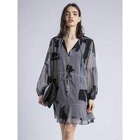 Religion Eternity Mini Dress With Neck Tie In Abstract Print - Grey