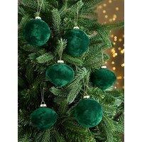Festive Set Of 6 Emerald Green Flocked Glass Christmas Tree Baubles