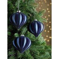 Festive Set Of 3 Navy Flocked Onion Christmas Tree Baubles