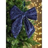 Festive Set Of 3 Blue Fabric Bow Christmas Tree Decorations