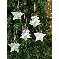 Festive Set Of 12 Wooden Star And Tree Shaped Hanging Christmas Decorations
