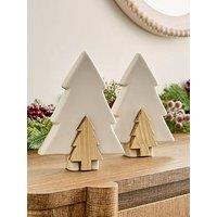 Festive Set Of 2 White Porcelain And Wood Tree Christmas Ornaments