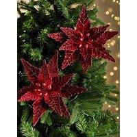 Festive Set Of 4 Burgundy Velvet Poinsettia Christmas Tree Decorations