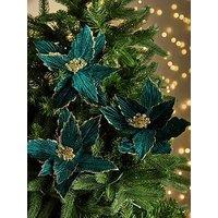 Festive Set Of 4 Green Poinsettia Stem Christmas Tree Decorations