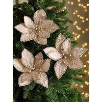Festive Set Of 3 Champagne Gold Poinsettia With Sequins Christmas Tree Picks