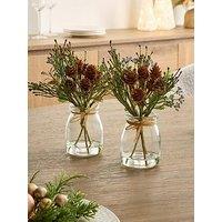 Festive Set Of 2 X 18 Cm Mixed Green Christmas Foliage Cones In Glass
