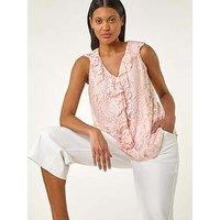 Roman Lace V-Neck Ruffle Front Top - Pink
