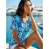 Roman Textured Print Notch Neck Top - Blue