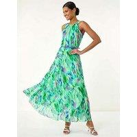 Roman Blurred Print Pleated Maxi Dress - Green