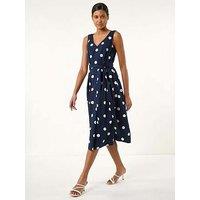 Roman Spot Print Belted Midi Dress - Navy
