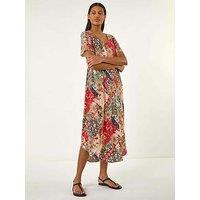Roman Patchwork Print Curved Hem Midi Dress - Red