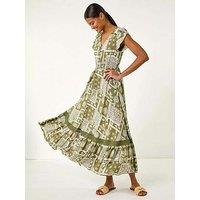 Roman Patchwork Lace Trim Maxi Dress - Green