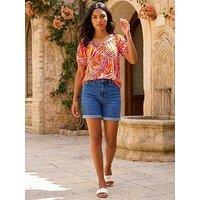 Roman Floral Print Bardot Stretch Top - Red