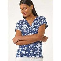 Roman Floral Notch Neck T-Shirt - Navy