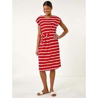 Roman Stripe Tie Side Stretch Midi Dress - Red