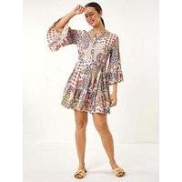 Roman Patchwork Print Button Shirt Dress - Pink