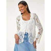 Roman Crochet Tie Front Knit Cardigan - White