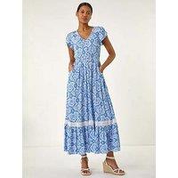 Roman Tile Print Shirred Waist Maxi Dress - Blue