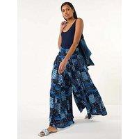 Roman Floral Tile Print Palazzo Wide Leg Trouser - Blue