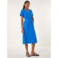 Roman Button Linen Mix Midi Dress - Blue