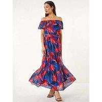 Roman Floral Print Bardot Belted Maxi Dress - Navy